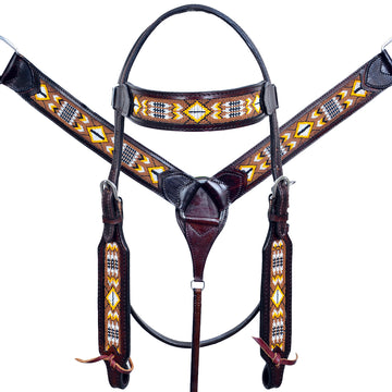 HILASON Western Horse Leather Headstall & Breast Collar Set Black Beaded